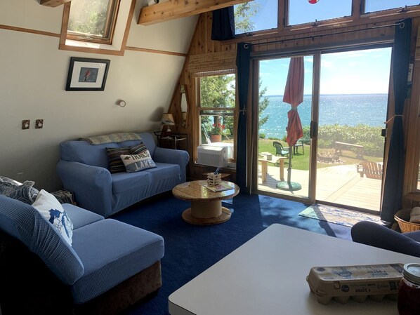 A cozy living room with a blue sofa, a round coffee table, and a view of the outdoors through large sliding glass doors.