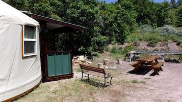 A rustic cabin with a wooden bench and picnic table, surrounded by dry grass and trees.