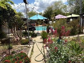 A garden with a pool, outdoor seating, and string lights.