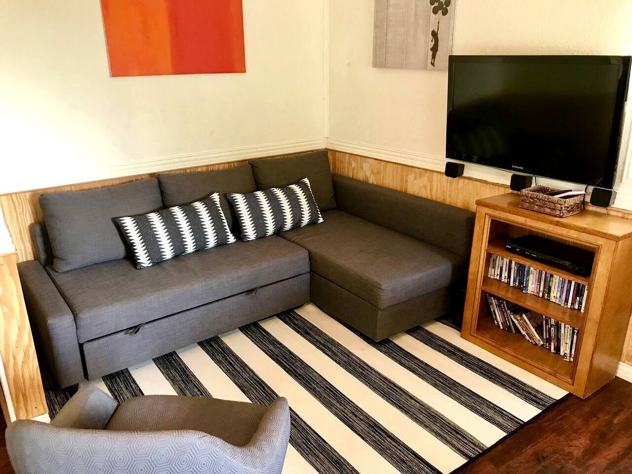 TV, DVD player, video library