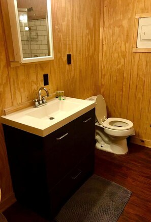 A bathroom with a wooden wall, a sink with a mirror, a toilet, and a dark-colored rug. - Bright and Cheery Riverside Cabin in Texas Wine Country (Mason)