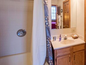 Jetted tub, hair dryer, towels, soap