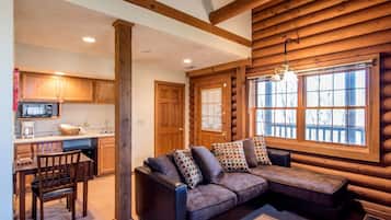 Télévision, cheminée, lecteur de DVD, baby-foot