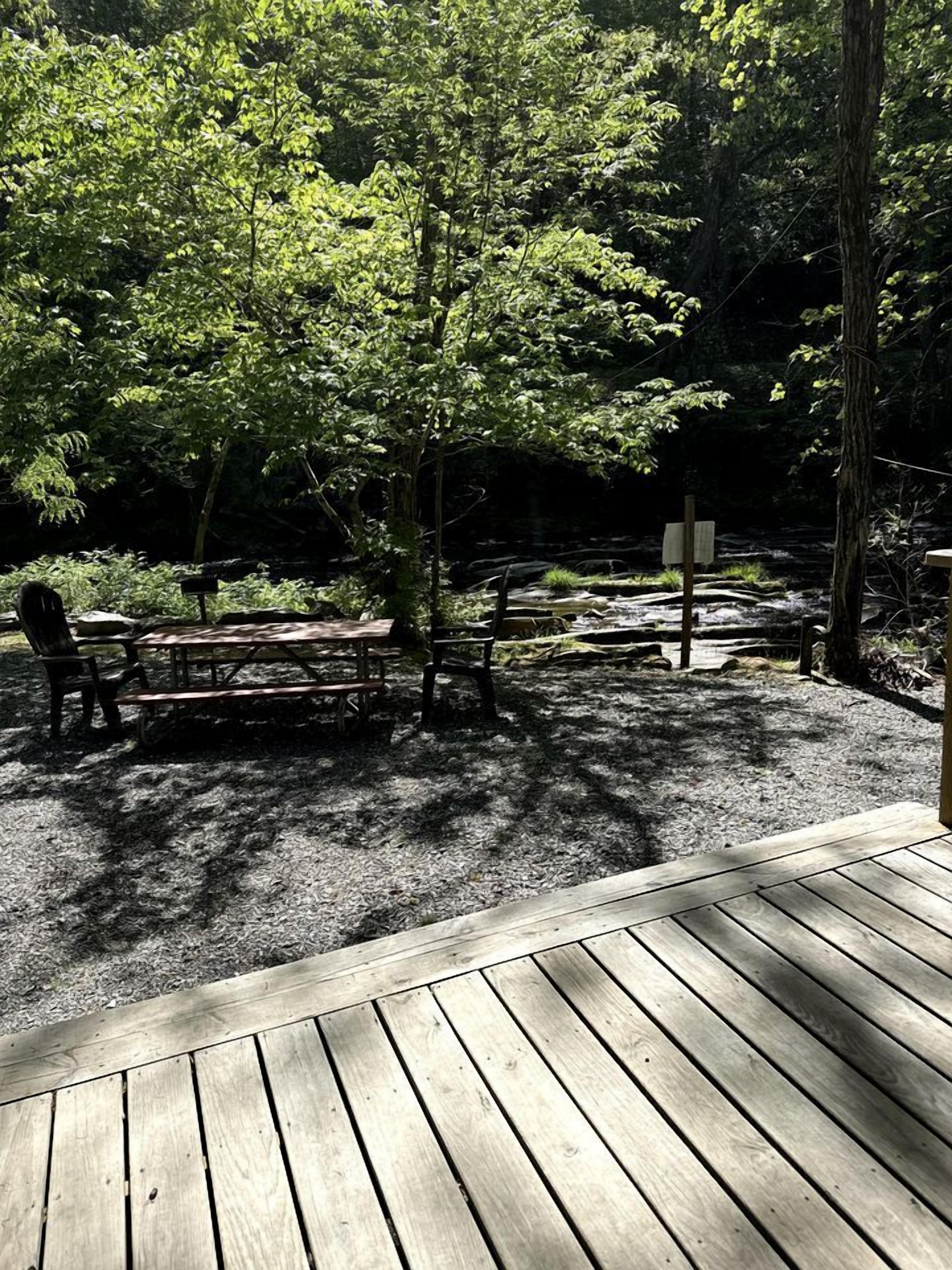 Une terrasse en bois avec une table de pique-nique et des chaises, entourée d’un feuillage verdoyant et luxuriant.