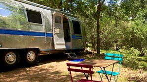 Un camping-car est garé dans une zone boisée, à proximité d’une table de pique-nique et de quelques chaises.