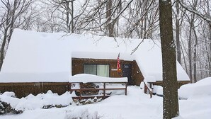 A snow-covered cabin with a visible window and door, surrounded by trees. - Charmingly Rustic Weekend Getaway in the Mountains near Pittsburgh, Pennsylvania (Champion)