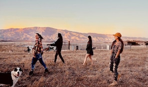 Un grupo de personas caminando por un campo con montañas al fondo.