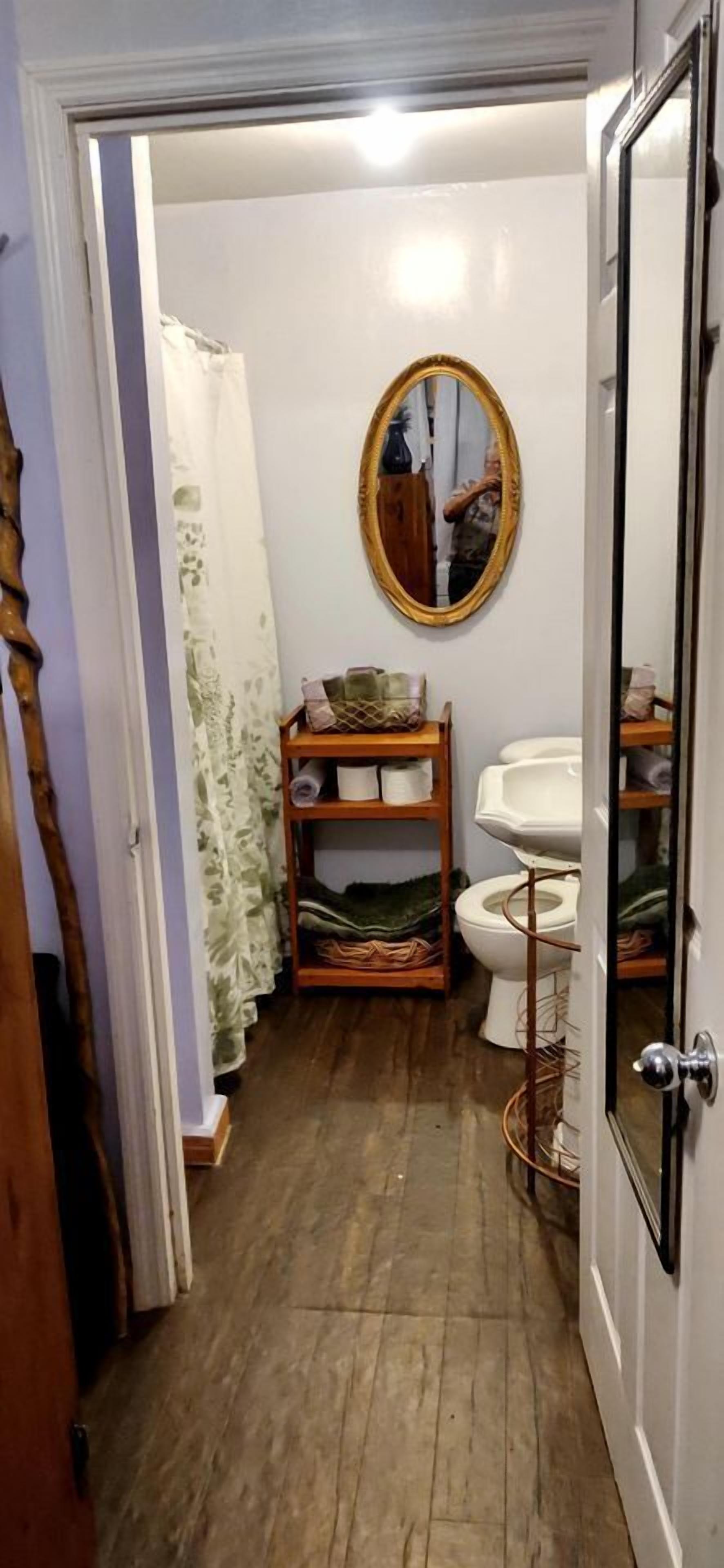 Ein Badezimmer mit Holzboden, einer weißen Toilette, einem Spiegel und einem Ablagefach mit Pflegeprodukten.