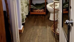 Ein Badezimmer mit Holzboden, einer weißen Toilette, einem Spiegel und einem Ablagefach mit Pflegeprodukten.