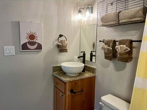 Hair dryer, towels, soap, shampoo
