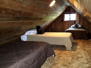 Un dormitorio estilo altillo pequeño con dos camas, techo de madera y una ventana.