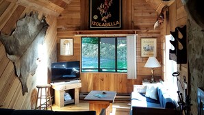 Interior rústico de una cabaña con paredes de madera, una cabeza de venado montada en la pared, un televisor, una mesa y una ventana con vistas a la vegetación.