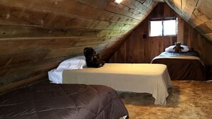 Un dormitorio estilo altillo pequeño con dos camas, techo de madera y una ventana.