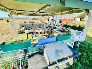 An outdoor patio with a grill, seating, and planters.