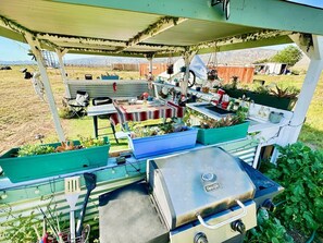 Un patio exterior con una parrilla, asientos y macetas.