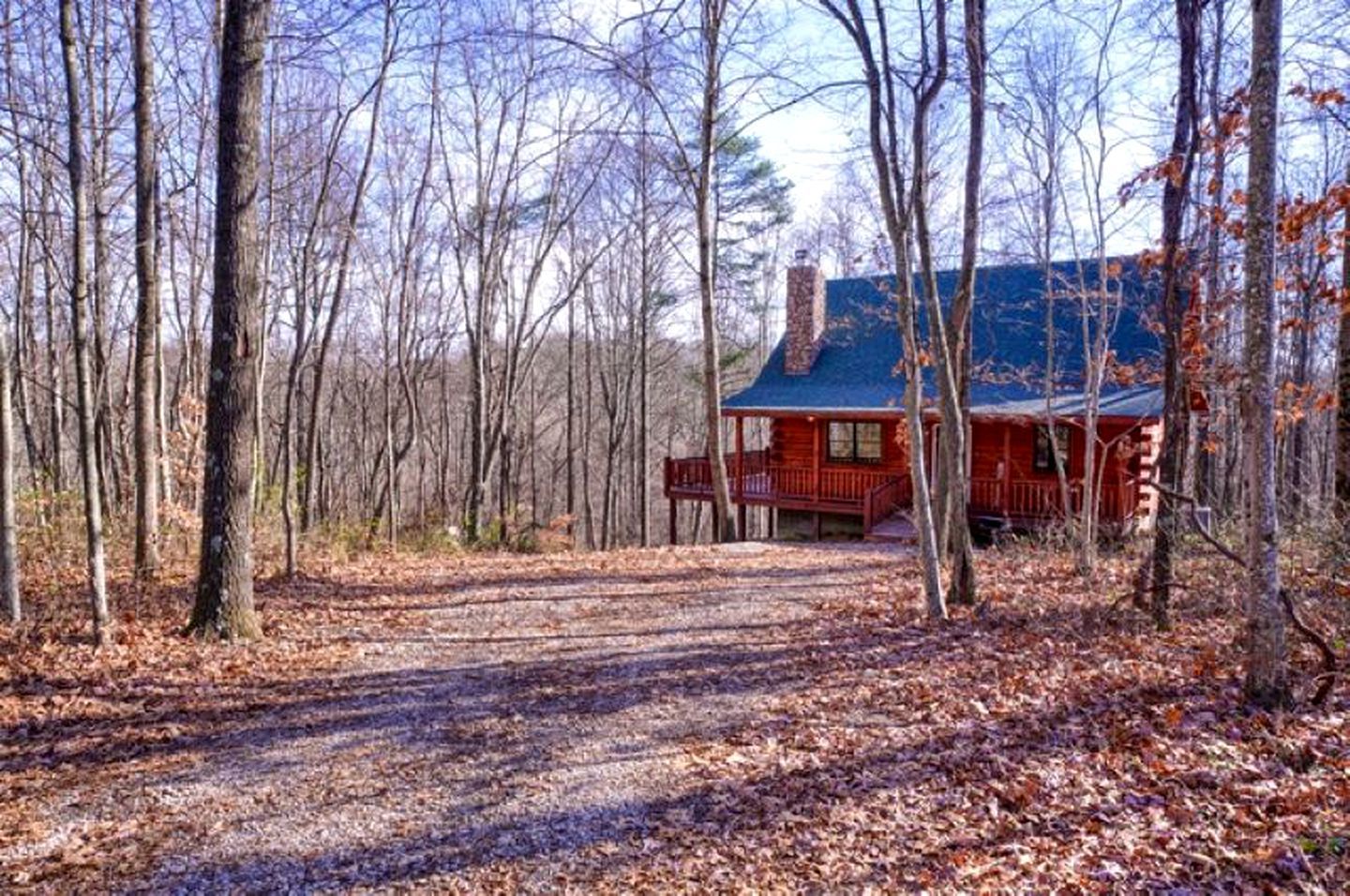 Una baita in una foresta, con un sentiero sterrato che conduce all'ingresso.