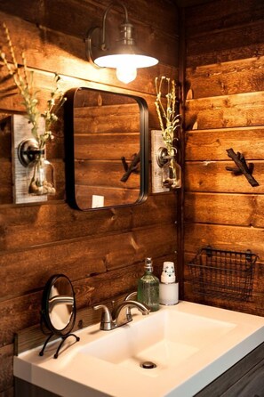 A bathroom with a wooden wall, a white sink, a mirror, a light fixture, and a small plant. - Tranquil Dripping Springs Vacation Rental Ideal for Texas Getaways (Dripping Springs)