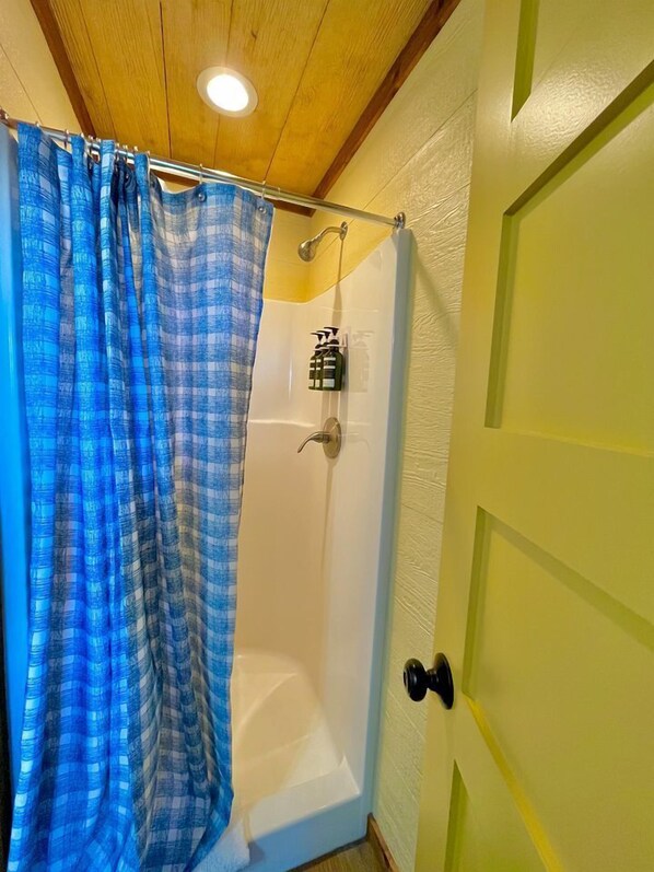 A shower with a blue checkered curtain, a handheld showerhead, and a bottle of soap on the wall.