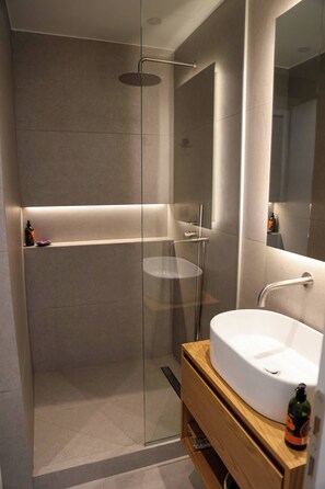 Douche, sèche-cheveux, serviettes fournies, savon