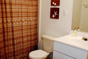 Jetted bath, hair dryer, towels, soap