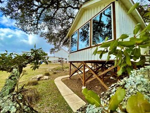 A wooden cabin with large windows, surrounded by a garden with various plants and a pathway leading to it.