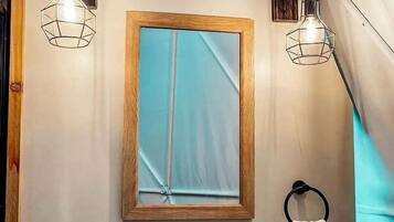 Hair dryer, towels, soap, shampoo