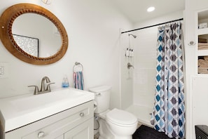 Hair dryer, towels, soap, shampoo