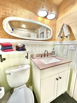 Jetted bath, hair dryer, towels, soap