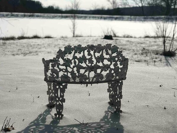 Un banco con un diseño similar a una hoja, sobre suelo cubierto de nieve, con un cuerpo de agua y árboles al fondo.