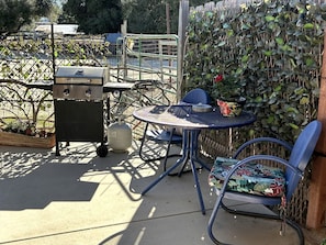 An outdoor patio with a grill, a table, and chairs. - Charming Warner Springs Accommodation Ideal for a Romantic Getaway in California (Warner Springs)
