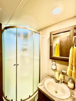 Hair dryer, towels, soap, shampoo