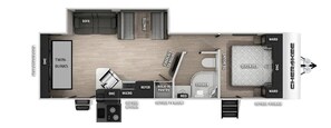 A hotel room layout with a queen bed, sofa, dining table, walk-in pantry, outside kitchen, and TV mount. - Cozy Caravan in Texas for Romantic Getaways to Nature (Dripping Springs)