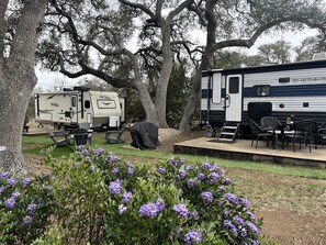 Un terrain de camping avec des camping-cars, une table de pique-nique couverte et des fleurs violettes.