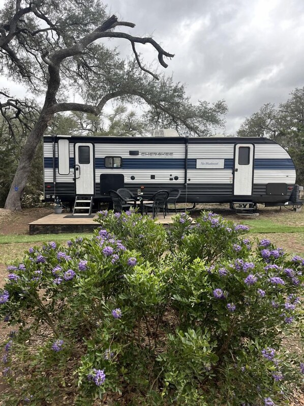 A mobile home with a kitchenette, a small porch, and a garden with purple flowers.