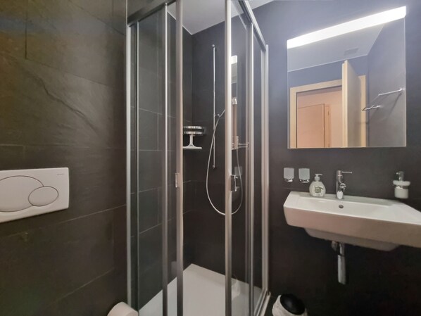 Douche, séchoir à cheveux, serviettes fournies