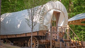 En täckt vagn med ett tak, trästeg och en skylt med texten ”CANEY CREEK”.