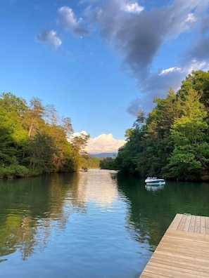 Un río tranquilo con un muelle de madera que se adentra en el agua, rodeado de abundante vegetación y árboles.