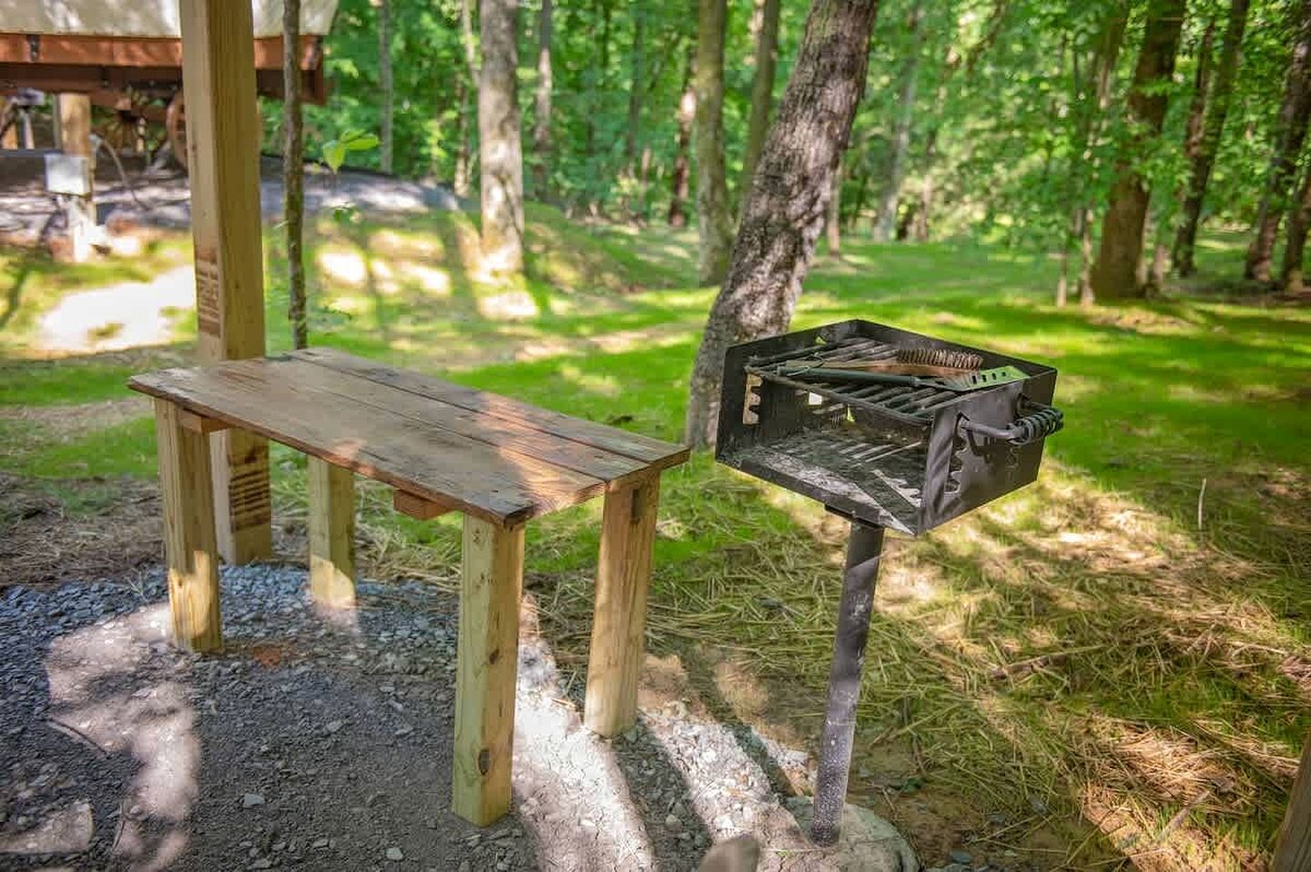 Un banco de madera y una parrilla en un área boscosa.