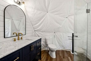 Hair dryer, towels, soap, shampoo