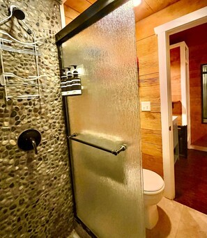 A bathroom with a stone wall, a wooden door, a toilet, and a shower area.