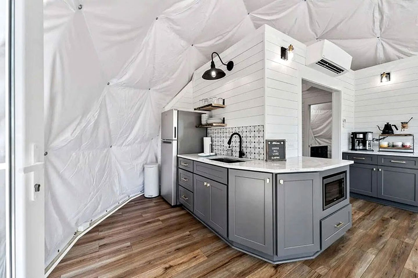 Fridge, coffee/tea maker, cookware/dishes/utensils