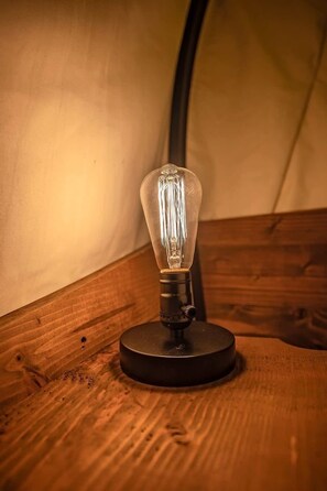 A single light bulb on a wooden surface.