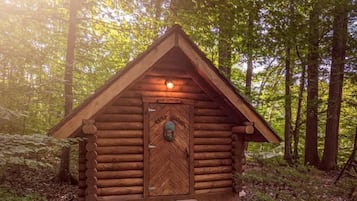 Una cabaña de madera con puerta de parquete, rodeada de un bosque.