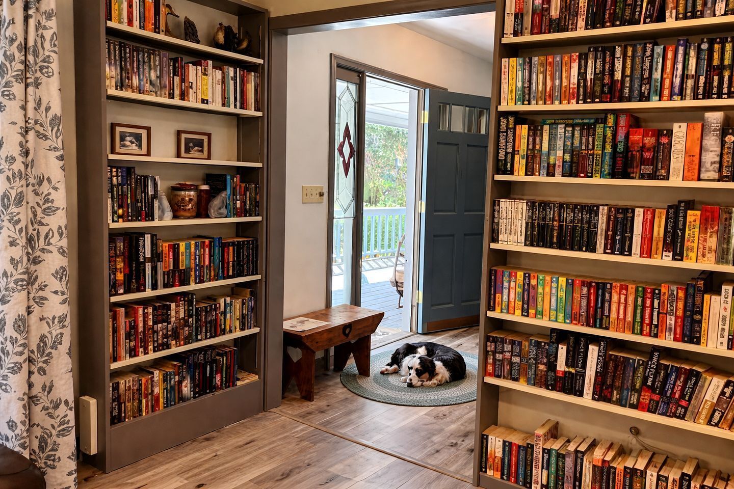 Une bibliothèque aménagée dans une pièce de la maison, avec des étagères, un banc en bois et un chien.