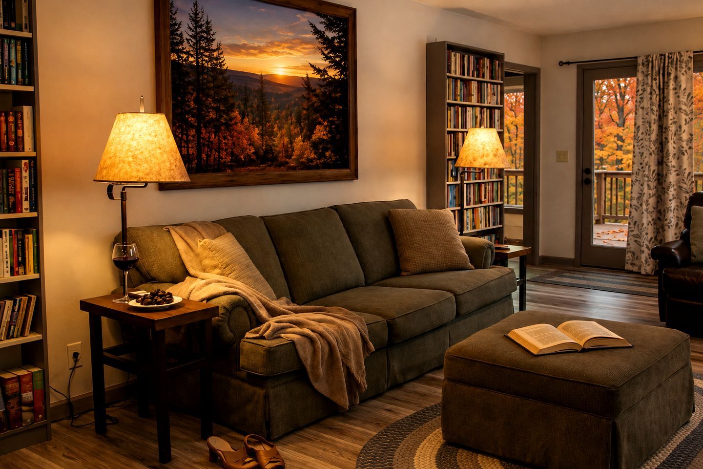 A cozy living room with a sofa, two side tables, a coffee table, and a bookshelf.