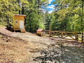 Une petite cabane en bois, dotée d’une porte et de quelques marches, entourée d’une forêt et bordée d’un chemin de gravier.