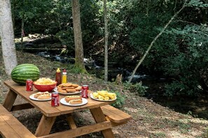 Ein Picknicktisch mit Speisen und Getränken in bewaldeter Landschaft.
