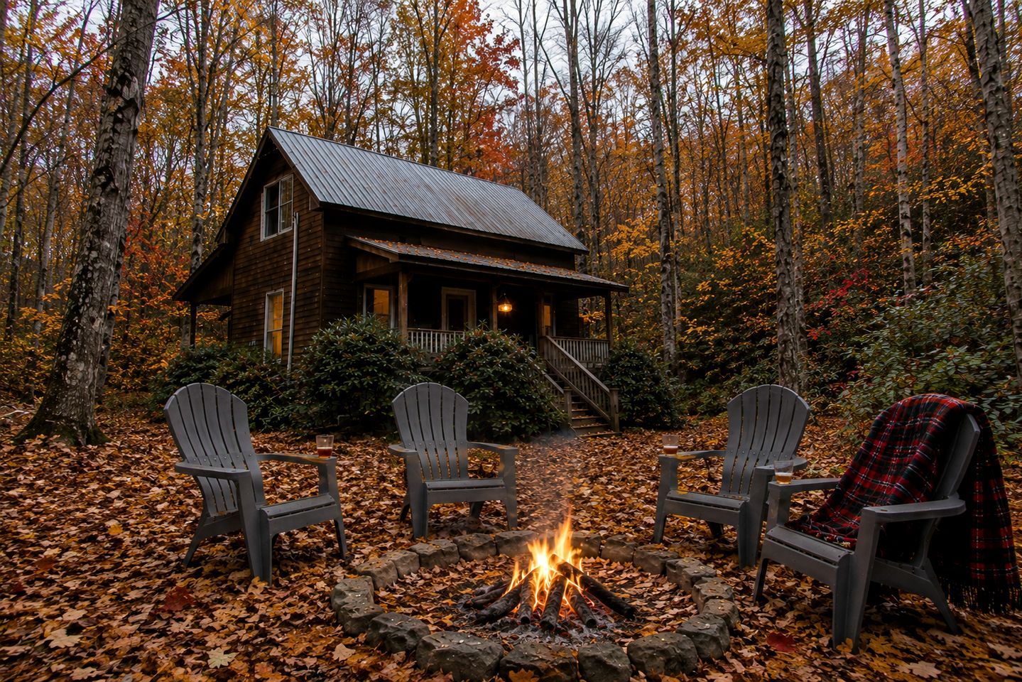 A cabin with a fire pit and three Adirondack chairs in a forest.