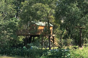 A wooden treehouse with a staircase, surrounded by dense foliage.