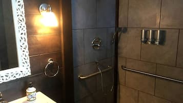 Hair dryer, towels, soap, shampoo